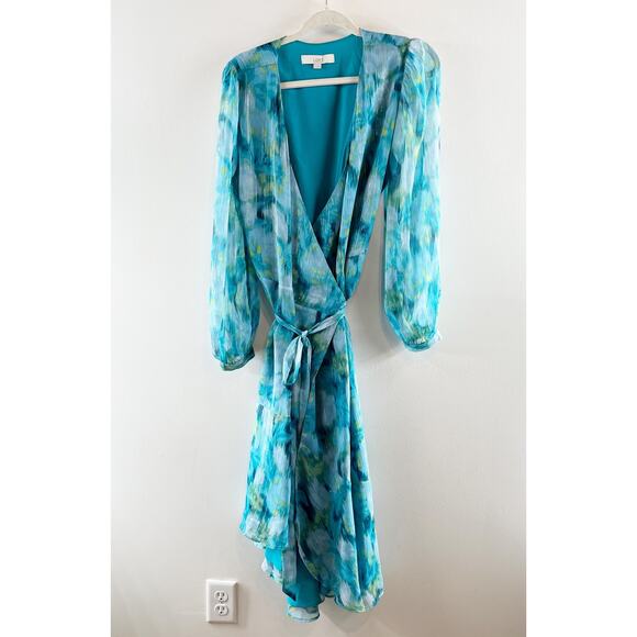 Loft Watercolor Floral Chiffon Puff Long Sleeve Midi Wrap Dress  Blue 10 - Picture 4 of 10